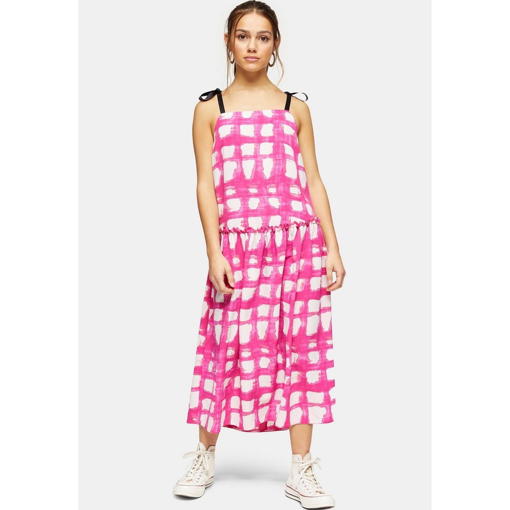 TOPSHOP Pink Check Tie Tiered Drop Waist Midi Dress Petite NWT